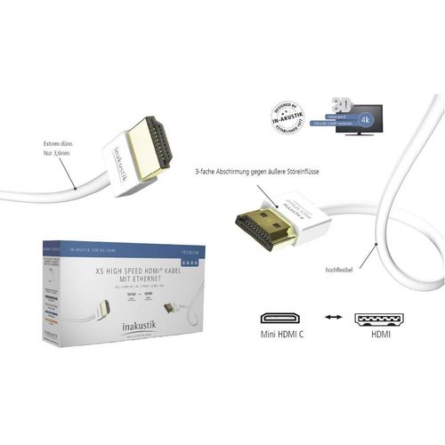 Inakustik HDMI priključni kabel HDMI A utikač, HDMI Mini C utikač 3.00 m bijela 004246203 audio povratni kanal (arc), pozlaćeni kontakti HDMI kabel slika 2