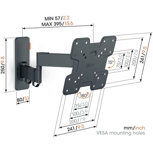 Vogels TVM1243, zidni nosač za ekrane od 19"-43", nagib 15° pomak 180°, do 15kg slika 2