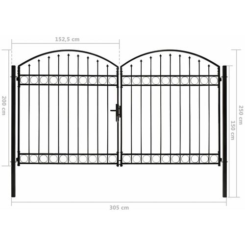 Dvostruka vrata za ogradu s lučnim vrhom čelična 300x200 cm crna slika 14