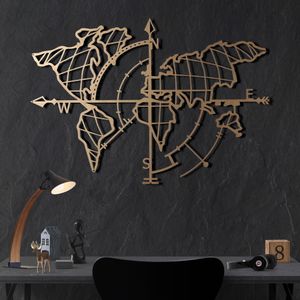 World Map Compass Gold Gold Decorative Metal Wall Accessory