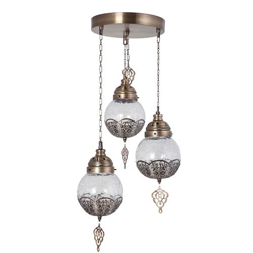 Neptün 3Lü Sarkıt Tepsili Eskitme Catlak Camlı Gold Chandelier slika 1