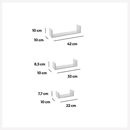 FIVE ZIDNA POLICA 3 KOM 22X10X7, 32X10X8,5, 42X10X10 MDF BELA 138955B slika 2