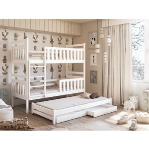 Drveni dječji krevet na kat Klara s tri kreveta i ladicom - bijeli - 160/180*80 cm