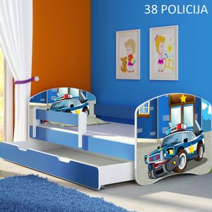 Dječji krevet ACMA s motivom, bočna plava + ladica 160x80 cm 38-policija