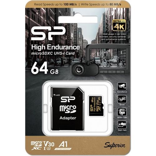 Silicon Power SP064GBSTXDV3V1HSP MicroSD 64GB, High Endurance, Golden Series, SDXC, UHS-I U3 V30 A1 Class 10, Read/Write up to 100/80 MB/s, memorijska kartica microSDXC 64GB High Endurance + adapter slika 2