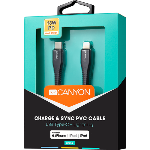 CANYON MFI-4 Type C Cable To MFI Lightning for Apple, PVC Mouling,Function：with full feature( data transmission and PD charging) Output:5V/2.4A , OD:3.5mm, cable length 1.2m, 0.026kg,Color:Black slika 3