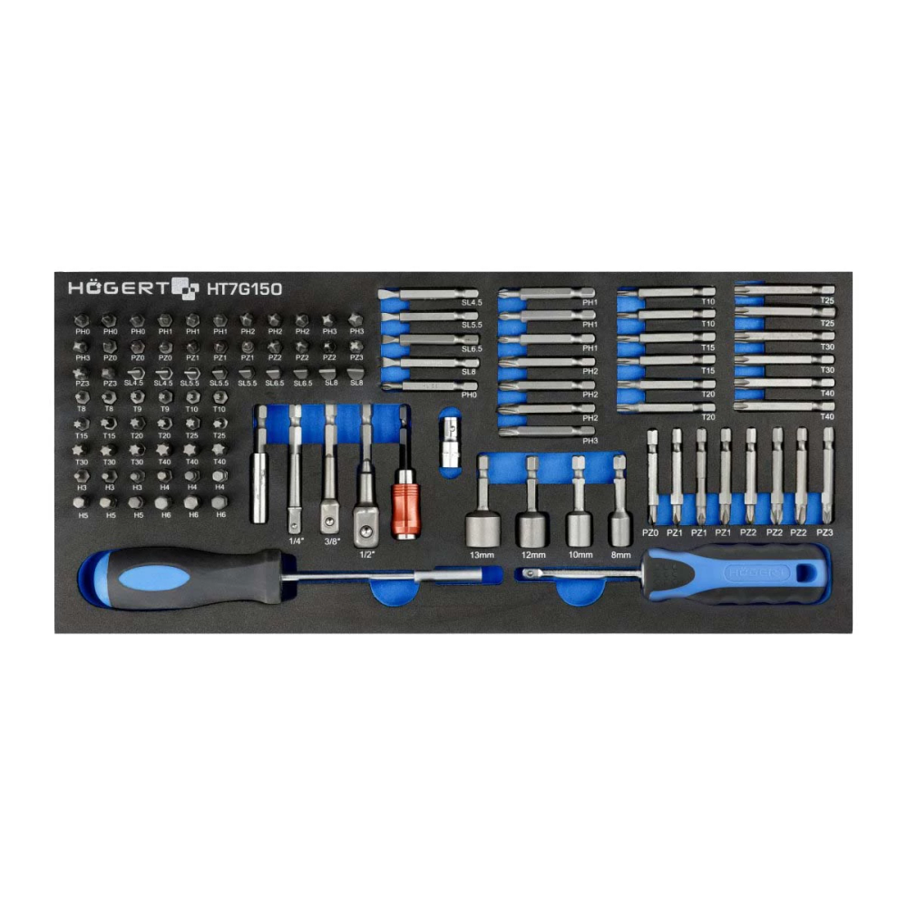 Högert  Umetak za radionička kolica, set bitova s nastavcima za nasadne ključeve 1/4"-3/8"-1/2" (107-dijelni) slika 1