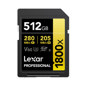 Lexar SD 512GB 1800x SDXC UHS-II card, 270MB/s read 180MB/s write C10 V