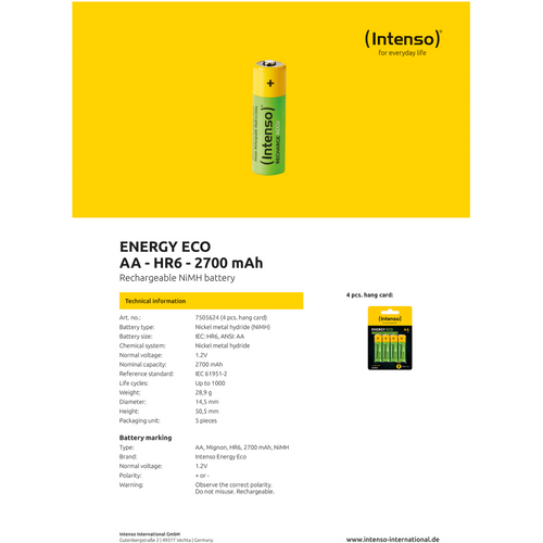 (Intenso) Baterija punjiva AA / HR6, 2700 mAh, blister 4 komada - AA / HR6/2700 slika 3