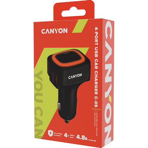 CANYON C-05 Universal 4xUSB car adapter, Input 12V-24V, Output 5V-4.8A, with Smart IC, black rubber coating + orange LED, 71.8*38.8*33mm, 0.034kg slika 4