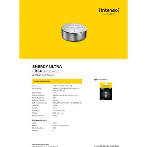 (Intenso) Baterija alkalna LR54/2, 1,5V dugmasta, blister 2 kom slika 3