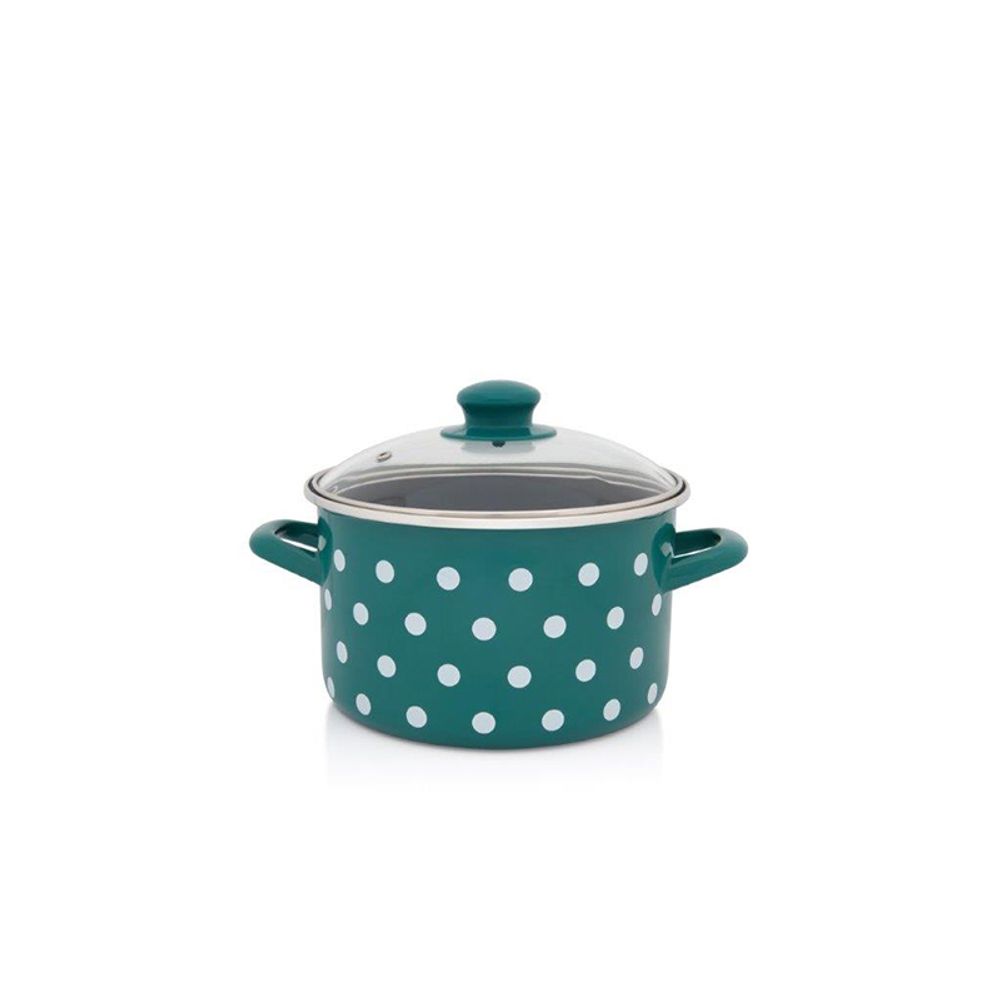Metalac šerpa duboka sa staklenim poklopcem GREEN DOTS 20 cm / 4.0 l zelena sa bijelim tufnama  slika 1