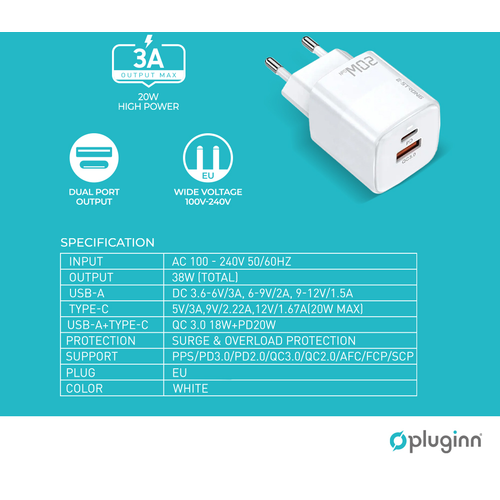 Kućni punjač Pluginn PI-D73, QC3.0 PD3.0, PPS, USB-PD 18W+20W, 38W (total) sa PD iPhone lightning kablom beli slika 2