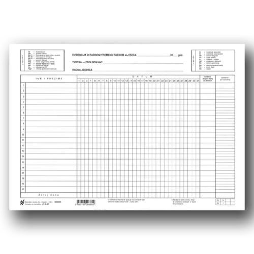 II-87 EVIDENCIJA O KORIŠTENJU RADNOG VREMENA; List, 29,7 x 21 cm slika 1