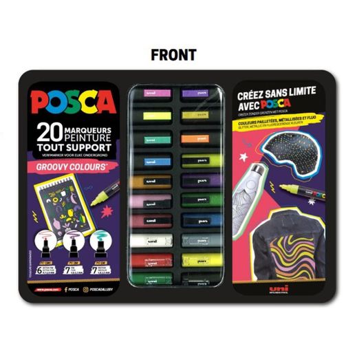 Uni gift set Posca u metalnoj kutiji 20kom (mix pc-1m/ pc-3m/pc-5m) groovy colours slika 1