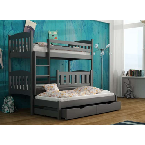 Drveni dječji krevet na kat Anka s tri kreveta i ladicom - grafit - 200*90 cm slika 1