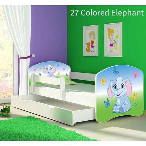 Dječji krevet ACMA s motivom, bočna bijela + ladica 140x70 cm - 27 Colored Elephant slika 1