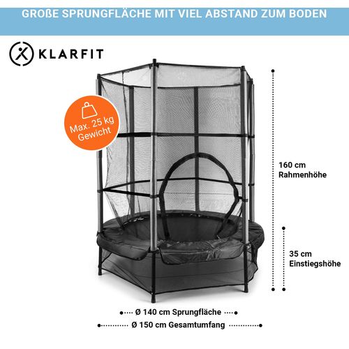 KLARFIT ROCKETKID, Crni, 140 cm, trampolin, sigurnosna mreža, bungee opruge slika 14