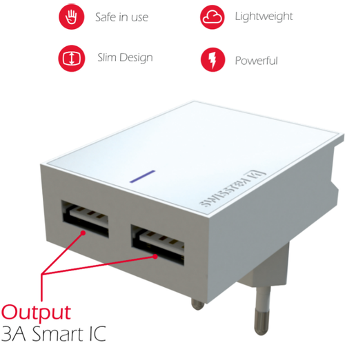 Swissten punjač 2x USB 3A+ kabl micro USB 1,2m bela slika 2