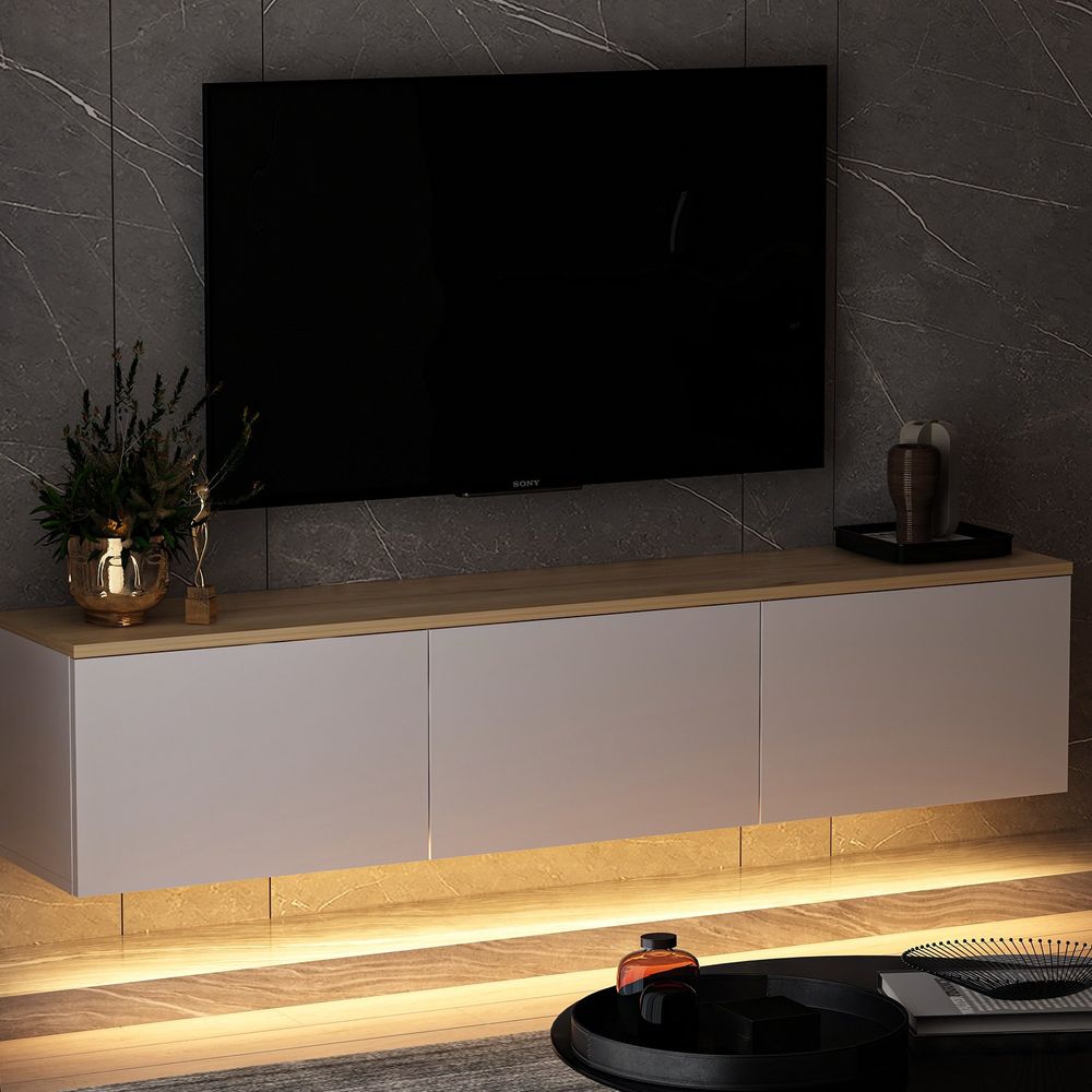 TV Stalak Neon - White v2 u Bijeloj Boji s Hrastovim Detaljima slika 8