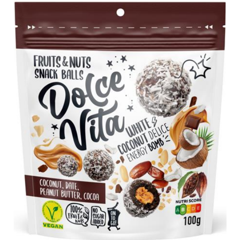 Dolce Vita Fruits & Nuts Snack Balls White Coconut Delice 100g slika 1