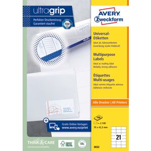 Avery Zweckform 3652 višenamjenske naljepnice A4 ultragrip 70x42,3mm 100 listova 2.100 naljepnica bijele  