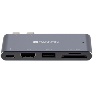 CANYON DS-5 Multiport Docking Station with 5 port, with Thunderbolt 3 Dual type C male port, 1*Thunderbolt 3 female+1*HDMI+1*USB3.0+1*SD+1*TF. Input 100-240V, Output USB-C PD100W&amp;USB-A 5V/1A, Aluminium alloy, Space gray, 90*41*11mm, 0.04kg