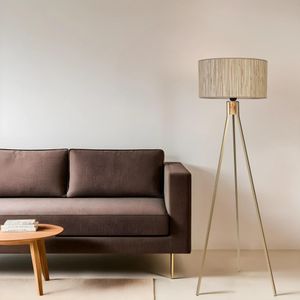 Podna lampa Fisco Tripod – bambus abajur, hrastovina / zlatna nijansa  - izložbeni artikl (oštećenja ambalaža)