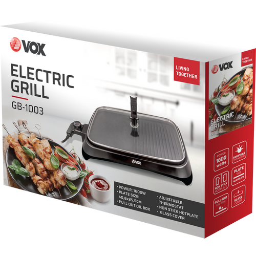 Vox GB1003 Električni roštilj, 1600 W, Ravna ploča + grill ploča, Stakleni poklopac slika 8