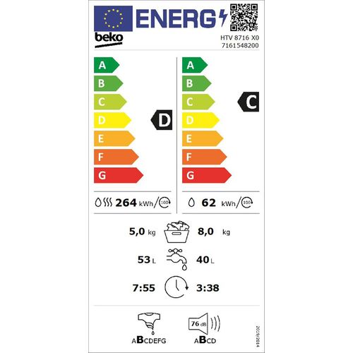 Beko HTV 8716 X0 Mašina za pranje i sušenje veša, 8/5 kg, 1400 rpm, ProSmart™ Inverter, SteamCure®, Bluetooth slika 5