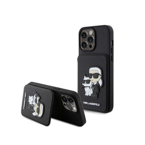 Karl Lagerfeld maska za iPhone 15 Pro Max SAFFIANO CARDSLOTS AND STAND K&C PATCH BLACK