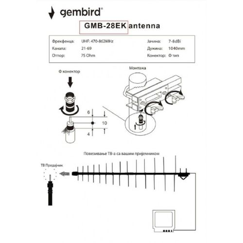 GMB-28EK **Gembird Antena Loga UHF sa F konektorom 28 elemenata, dužina 104cm, dobit 9dB alumini.696 slika 1
