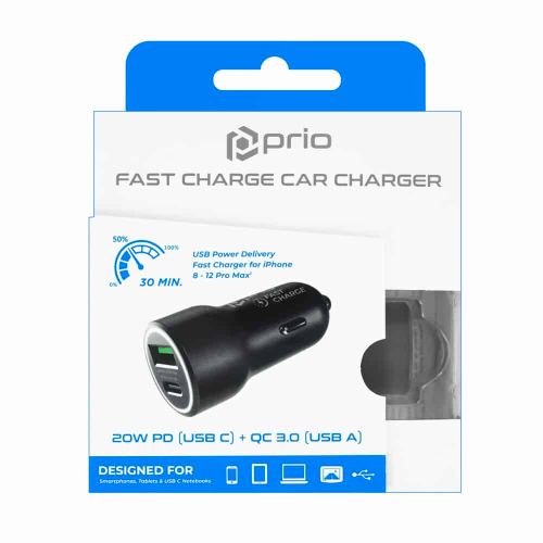 Prio Fast Charge Car Charger 20W PD (USB C) + QC 3.0 (USB A) black slika 4