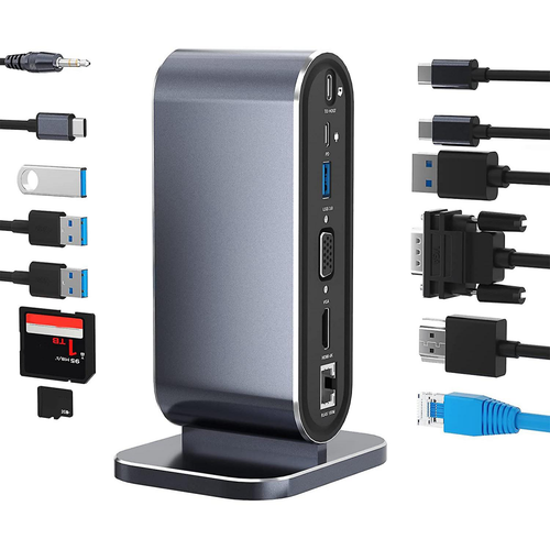 Adapter Type C na LAN Gb, SD card, TF, PD, Type C, 4xUSB 3.0, Audio, HDMI i VGA 12 u 1 sa postoljem slika 1