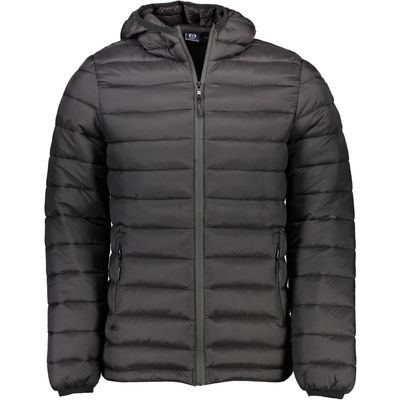 long-sleeved jacket with hood, 2 external pockets, 2 internal pockets, zip, application, logo