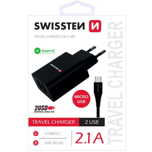 SWISSTEN punjač za AC220, 2xUSB, 2.1A, SMART IC, crni + microUSB kabel slika 1