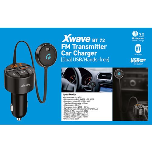 Xwave BT72 FM transmiter za kola,Bluetooth,LCD,mp3,wma,flac,2xUSB,QC3.0 brzo punjenje slika 5