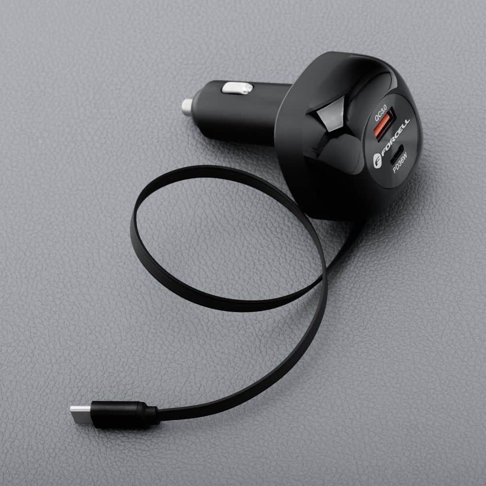 Auto punjač Forcell F-Energy Alu USB C + USB A + uvlačivi kabel USB C PD QC4.0 SFC2.0 3A 75W crni slika 6