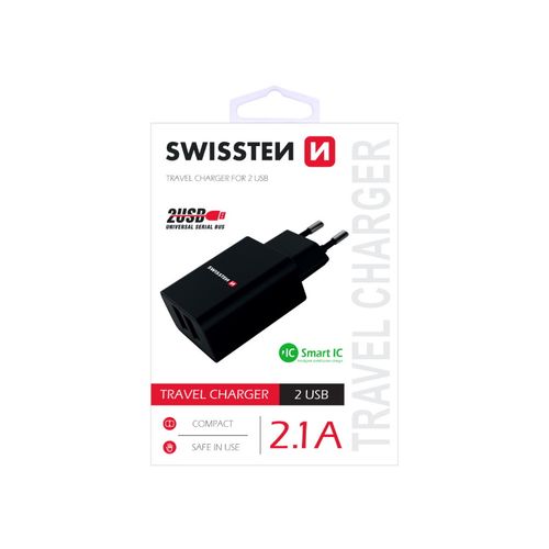 SWISSTEN punjač za AC220, 2xUSB, 2.1A, SMART IC, crni slika 1