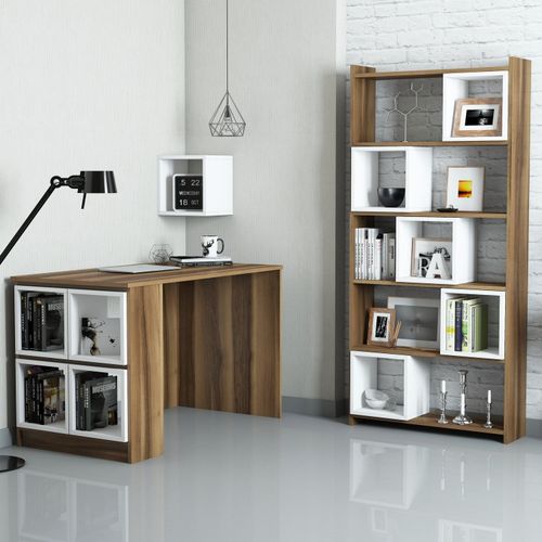 Woody Fashion Studijski stol i policu za knjige, Box - Walnut, White slika 1