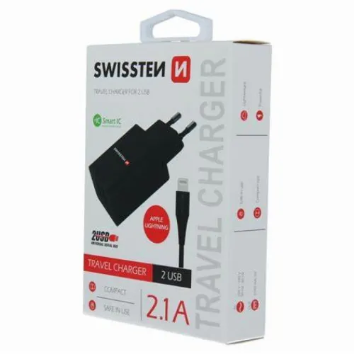 Swissten punjač 2xUSB 2,1A+ kabl Lightning 1,2m crna slika 4