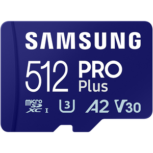 Samsung  MB-MD512SA/EUMicroSD 512GB, PRO Plus, SDXC, UHS-I U3 V30 A2, Read up to 180MB/s, Write up to 130 MB/s, for 4K and FullHD video recording, w/SD adapter