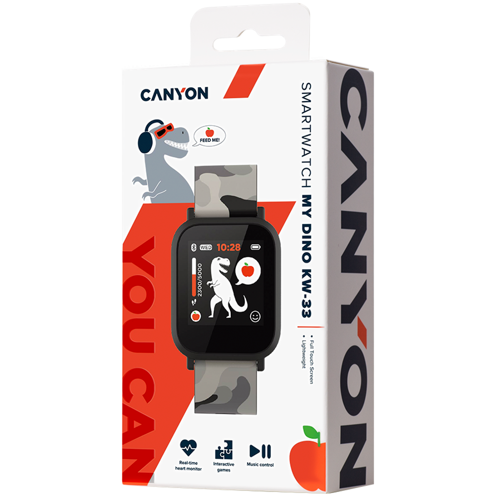 CANYON My Dino KW-33, Teenager smart watch, 1.3 inches IPS full touch screen, black plastic body, IP68 waterproof, BT5.0, multi-sport mode, built-in kids game, compatibility with iOS and android, 155mAh battery, Host: D42x W36x T9.9mm, Strap: 240x22mm, 33g slika 5