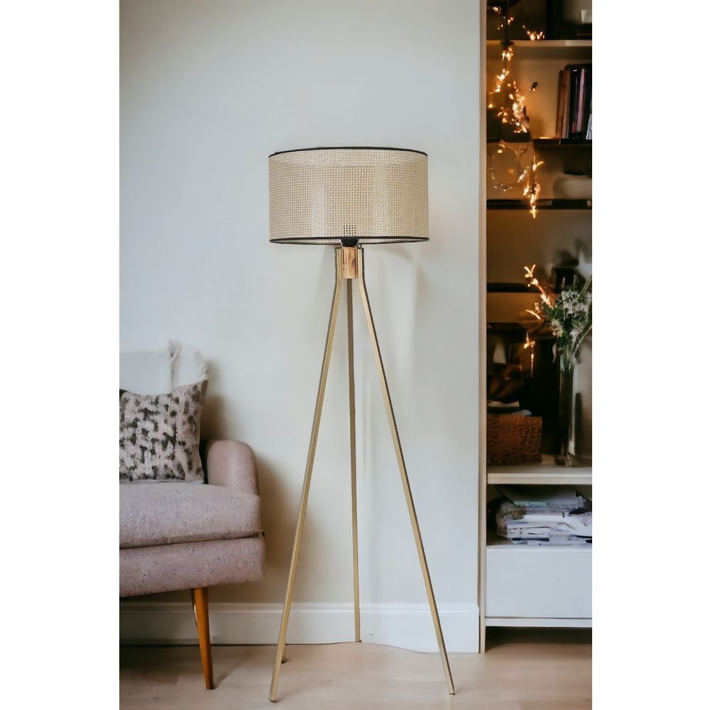 Fısco Tripod Eskitme Lambader Silindir Petek Abajurlu Gold Floor Lamp slika 2