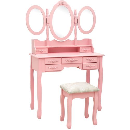 Toaletni stolić sa stolcem i trostrukim ogledalom ružičasti slika 10