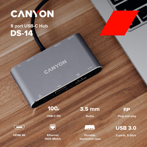 CANYON 8 in 1 USB C hub, Dark grey slika 3
