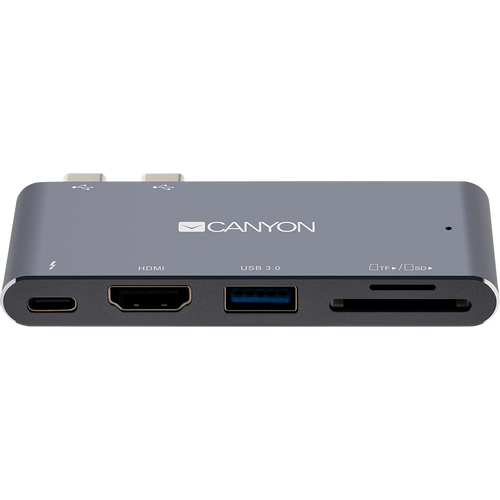 CANYON DS-5 Multiport Docking Station with 5 port, with Thunderbolt 3 Dual type C male port, 1*Thunderbolt 3 female+1*HDMI+1*USB3.0+1*SD+1*TF. Input 100-240V, Output USB-C PD100W&amp;USB-A 5V/1A, Aluminium alloy, Space gray, 90*41*11mm, 0.04kg slika 1