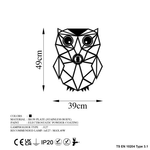 Owl Black Wall Lamp slika 8