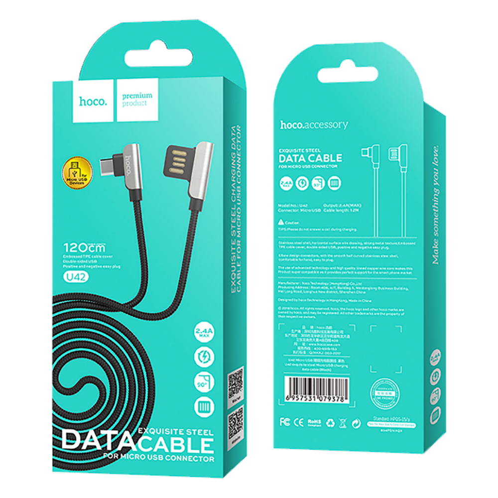 hoco. USB kabl za smartphone, micro USB, 1.2 met., 2.4 A, crna - U42 Exquisite steel, Micro USB, BK slika 2