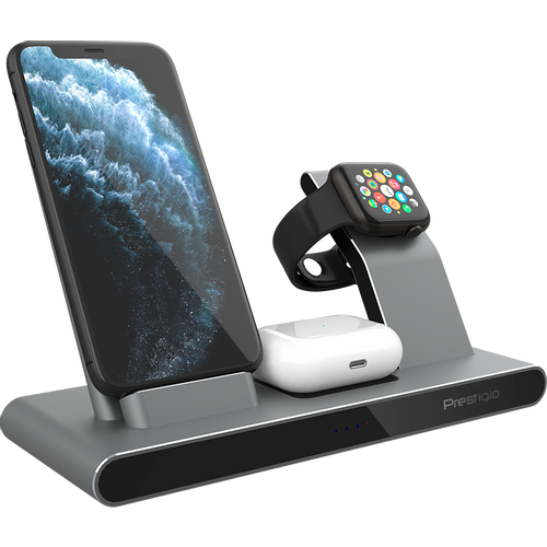 Prestigio ReVolt A7, 3-in-1 wireless charging station for iPhone, Apple Watch, AirPods, wilreless output for phone 7.5W/10W, wireless output for AirPods 5W, wireless output for Apple Watch 2.5W, material: aluminum+tempered glass, space grey color slika 22